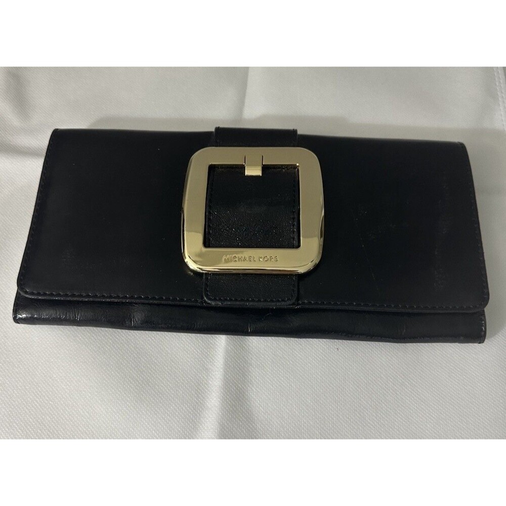 MICHAEL KORS Sutton Black Leather Clutch Gold Buckle Handbag Evening Bag EUC!
